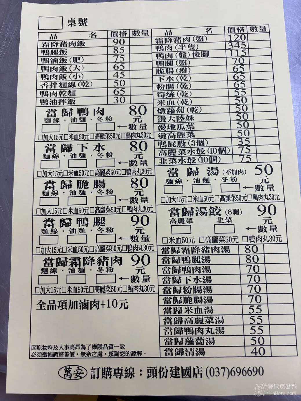 萬安當歸鴨肉麵線/鴨肉飯菜單價位