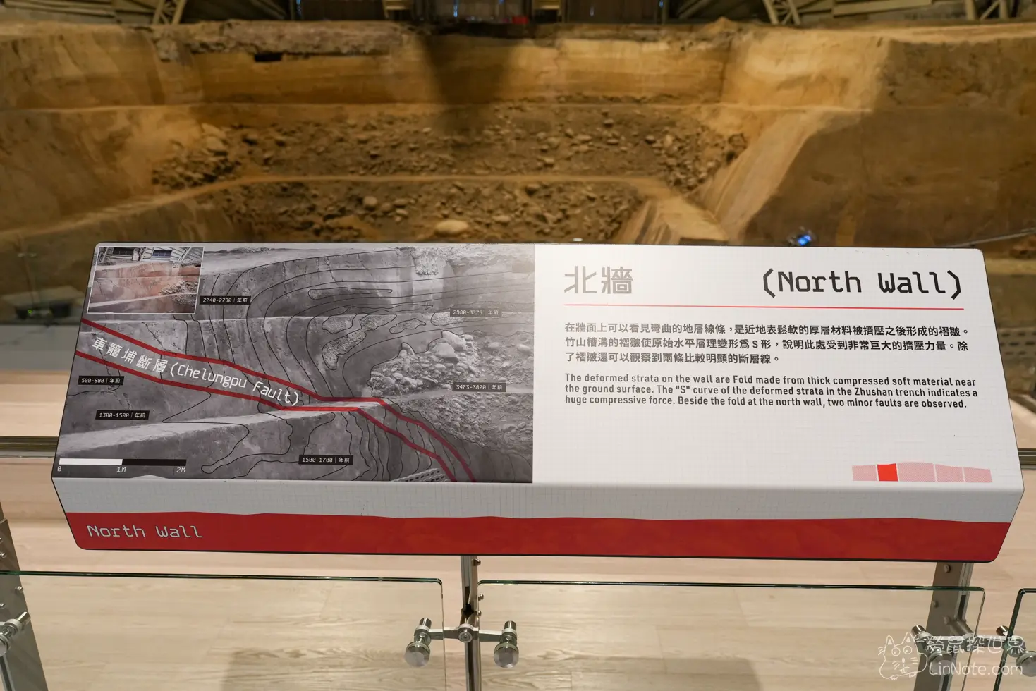 北牆地層與斷層構造解說牌及後方地質剖面
