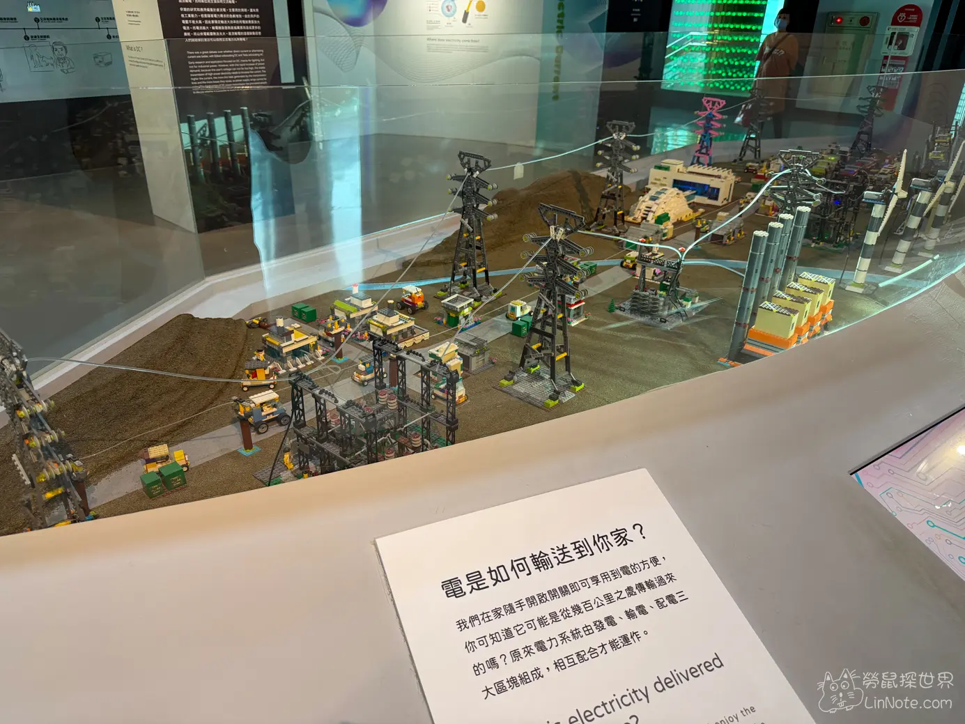 玻璃展櫃內陳列的積木發電廠與輸電高壓電塔城鎮模型
