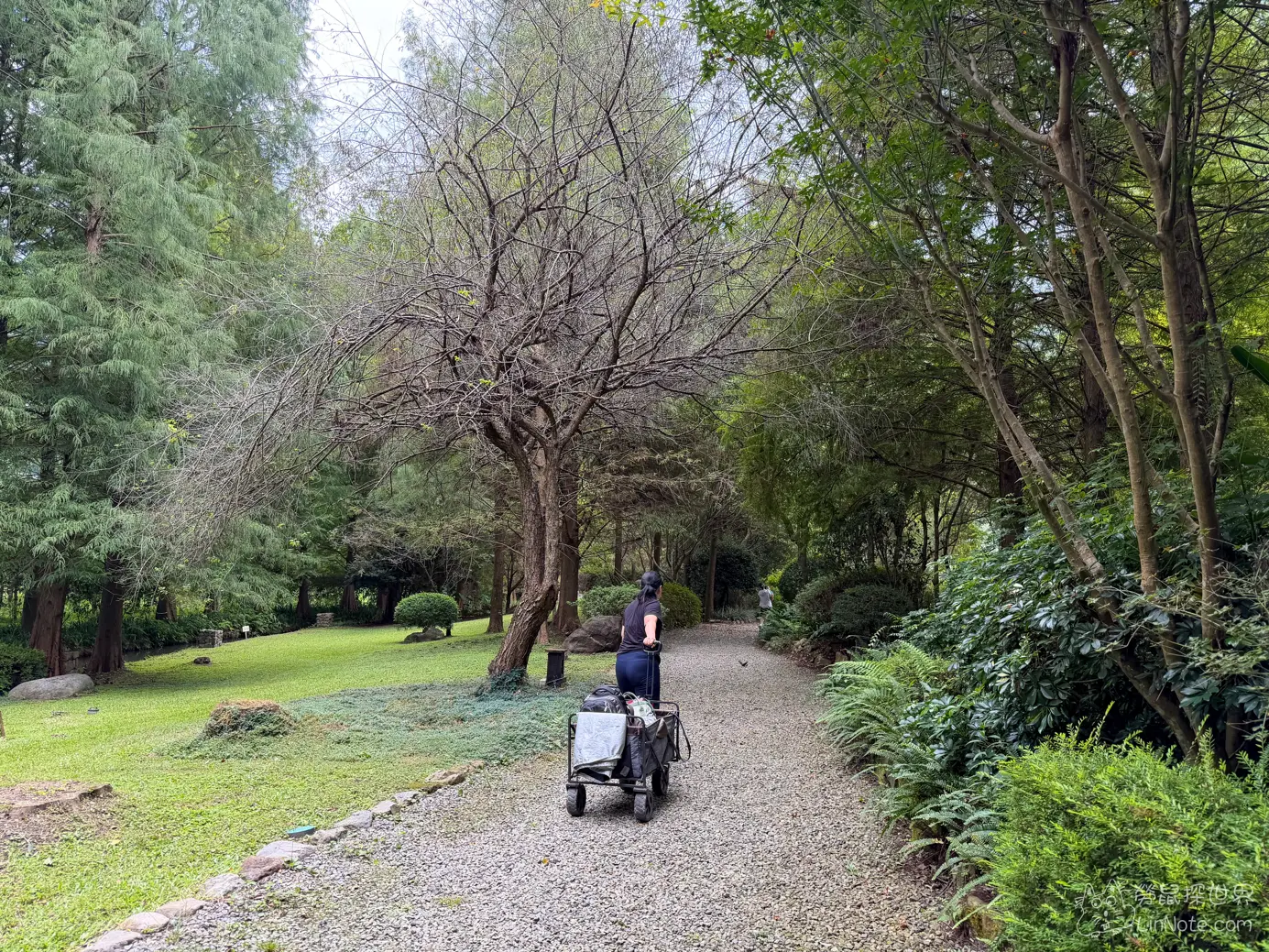 推著裝滿行李的黑色露營推車沿著碎石步道前往客房