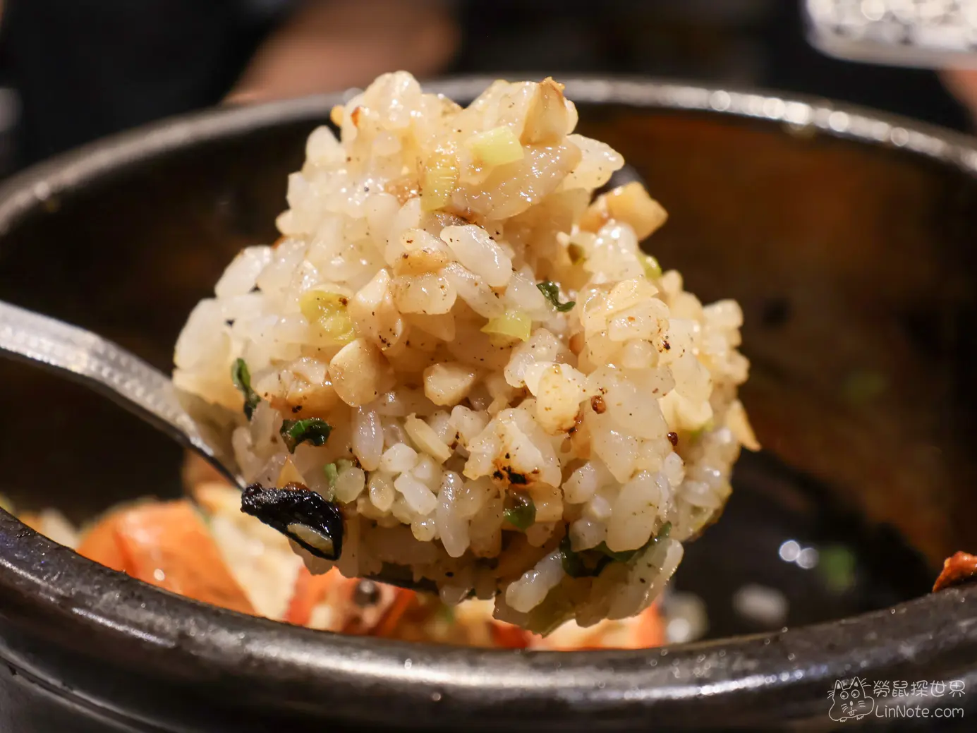 金屬湯匙舀起泛著油光與蔥花焦香微粒的蒜蝦石鍋拌飯
