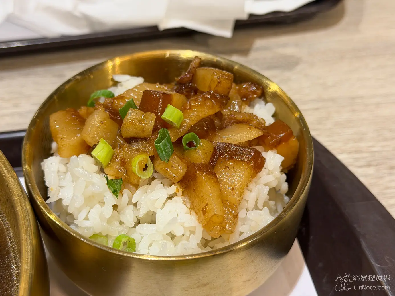 鋪上油亮肉燥與青蔥的子龍滷肉飯特寫