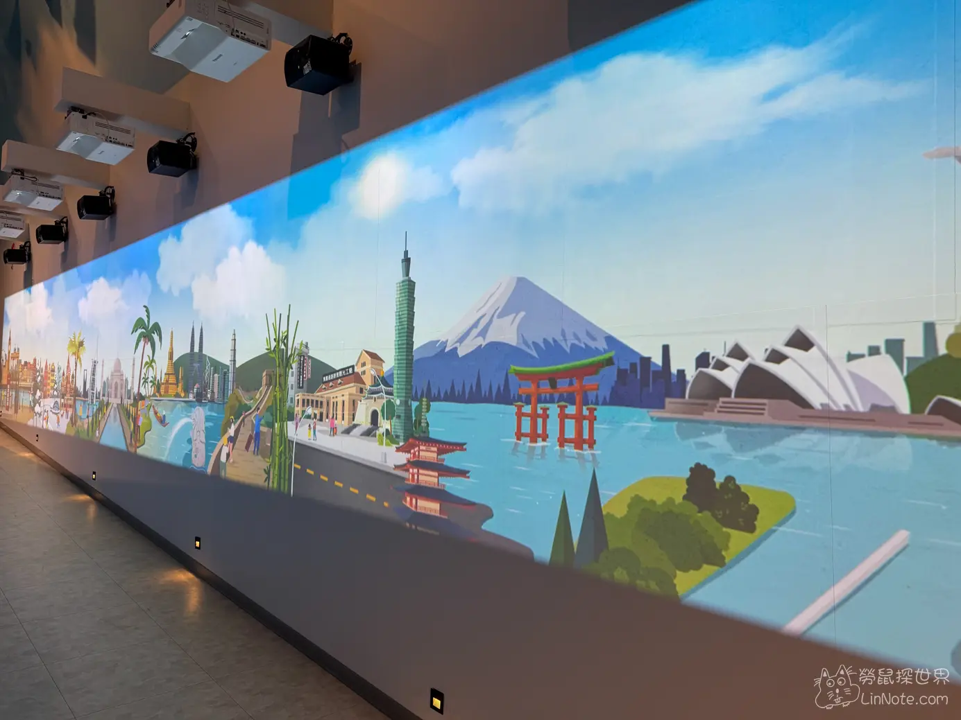 長廊牆面上展示世界各國著名地標插畫壁畫
